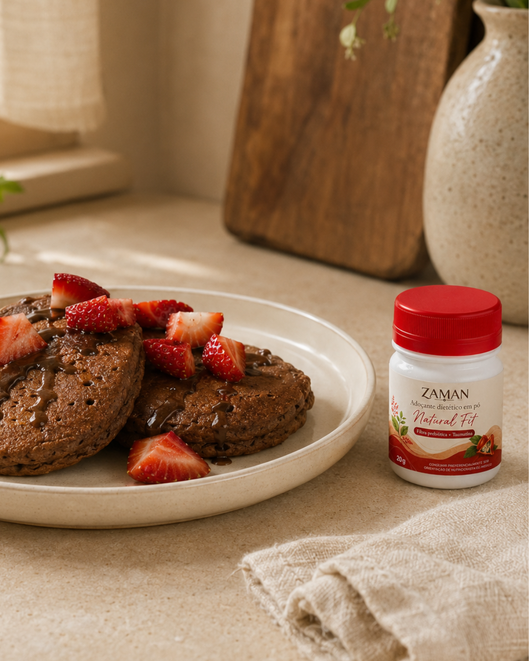 Natural Fit ao lado de uma receita com morangos