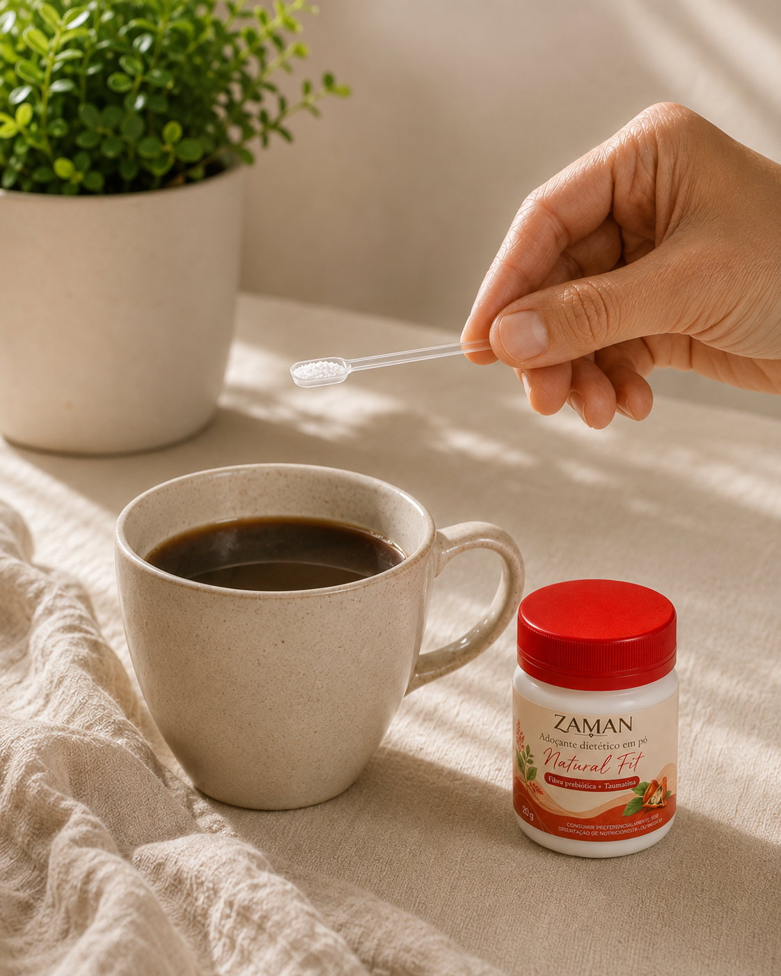 Natural Fit Zaman sendo adicionado a uma xícara de café